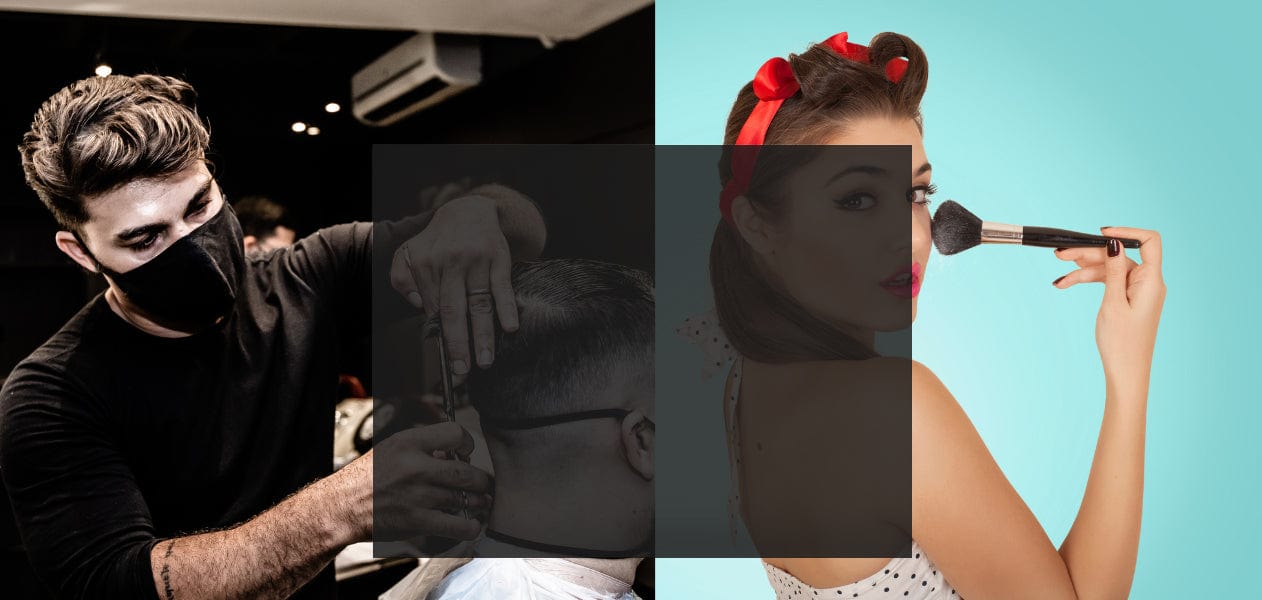 Hairdresser cutting hair and women with contour brush 