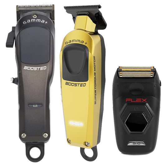 Gamma+ Boosted Clipper, Trimmer & Flex Shaver Combo – Professional Super-Torque Cordless Set Beauty Barber Equipment